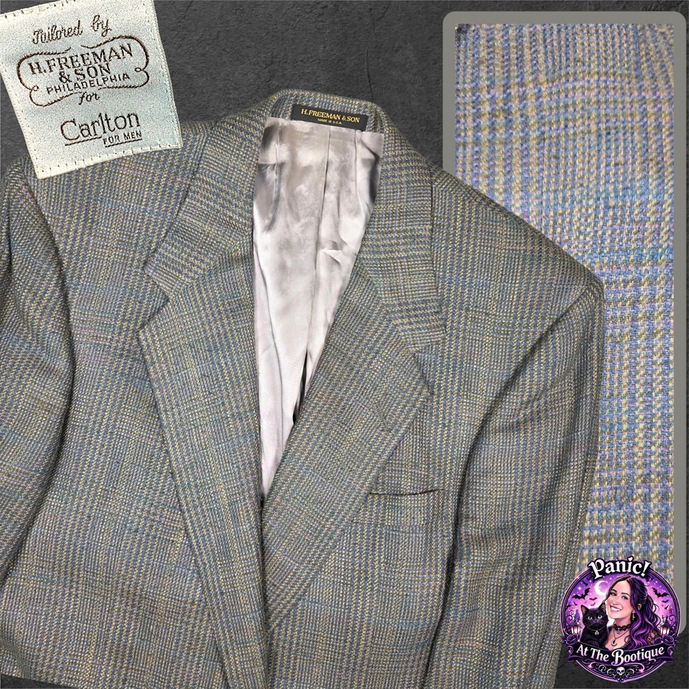 VTG H. Freeman‎ & Son Blazer Mens 46L Blue Glen Plaid Tweed Union Made USA 1980s